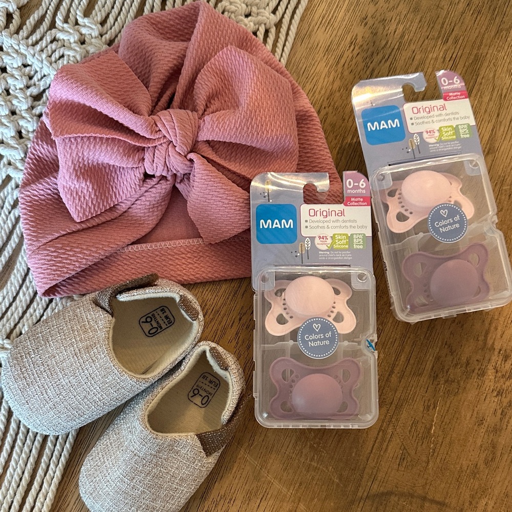 Ava Olivia pink hat MAM pacifiers beige shoes baby lot 0-6 mo